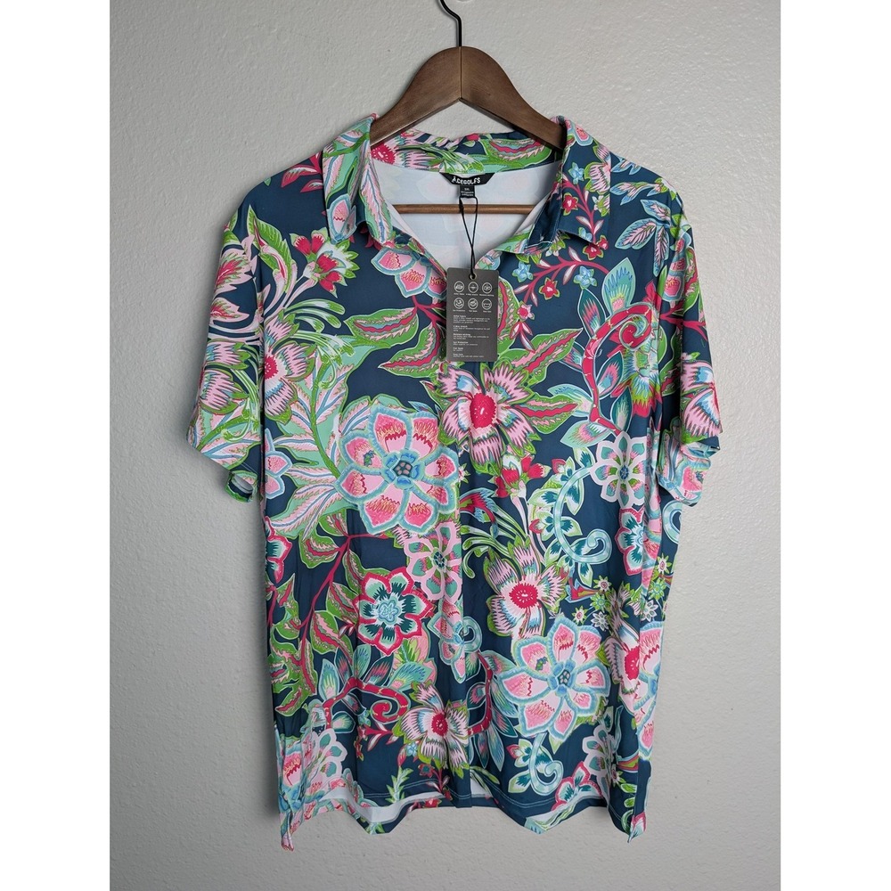 NWT ACEGOLFS Polo Shirt Mens 3XL Blue Floral Golf Moisture‎ Wicking Stretch
